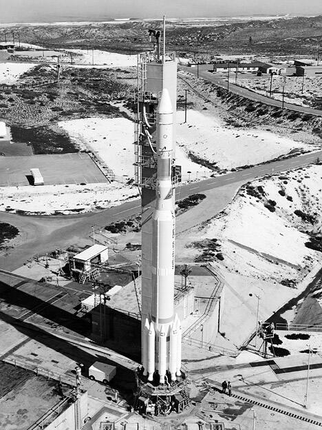 Thor-Delta rocket prepared to launch Landsat 1, 1972